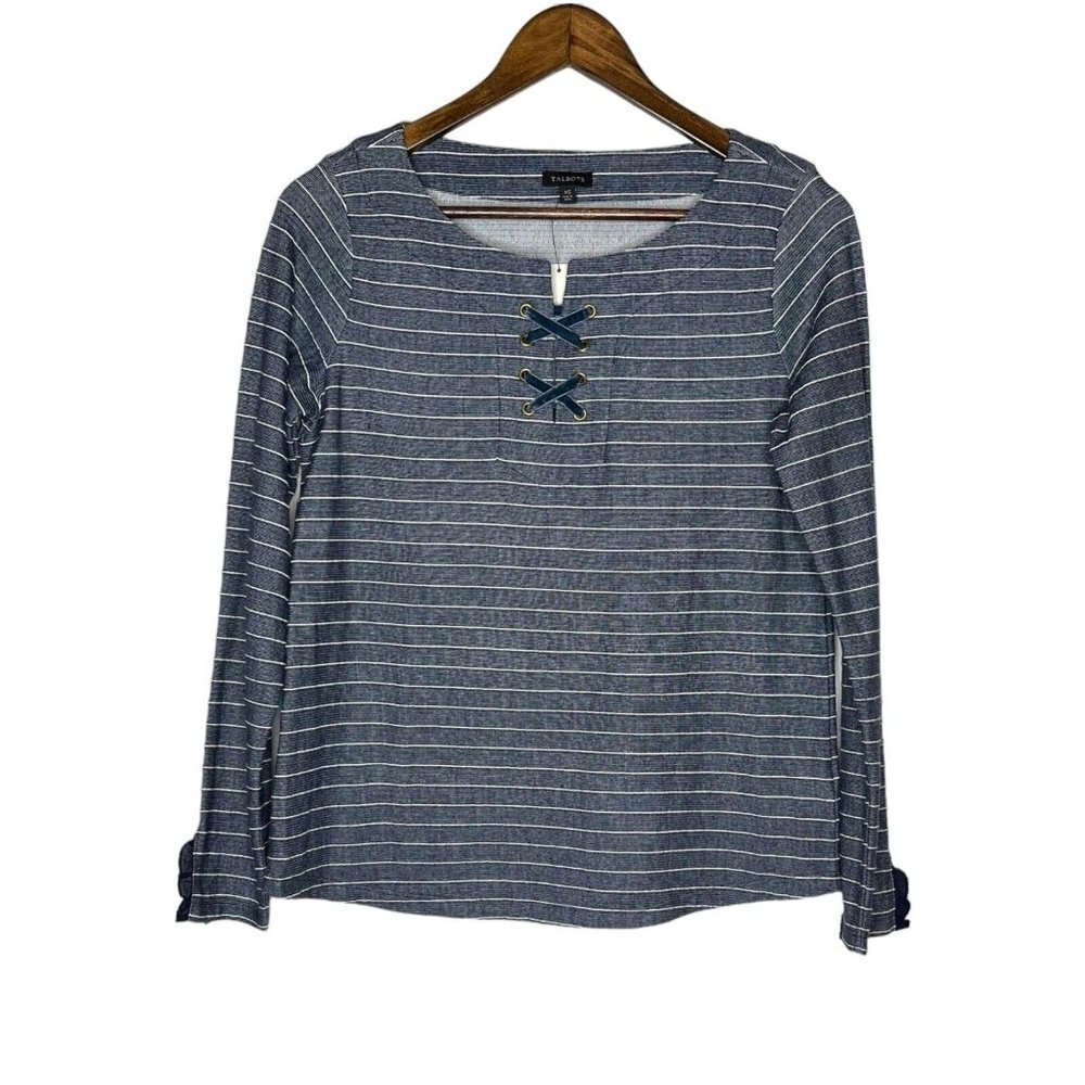 Talbots NWT Women's Blue and White Striped Criss Cross Detail Top Size XS